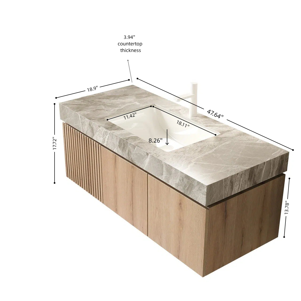 MURI 48" Wall-Mounted Bathroom Vanity with Light Gray Sintered Stone Top & Ceramic Sink, Floating Cabinet with Drawer and Door, Natural Oak Woodgrain, Pre-Assembled