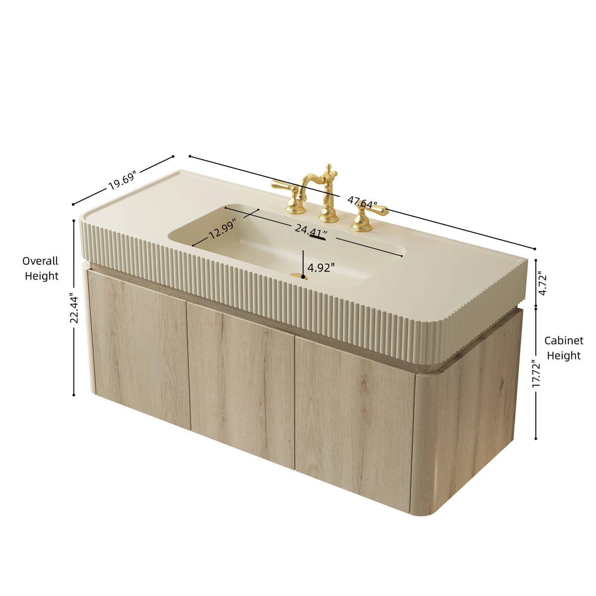 GECO 48" Wall-Mounted Bathroom Vanity with Cream Beige Solid Surface Integrated Basin, Floating Storage Cabinet, White Oak Woodgrain, 8" Widespread 3-Hole Faucet Configuration, Disassembled
