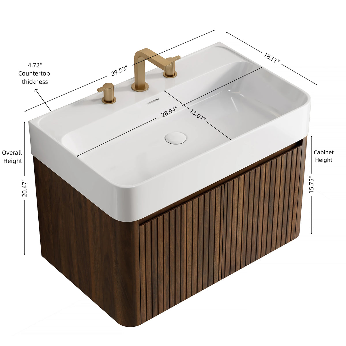 LORAN 30" Wall-Mounted Bathroom Vanity with White Solid Surface Integrated Basin, Floating Storage Cabinet, Walnut Woodgrain, 8" Widespread 3-Hole Faucet Configuration, Disassembled