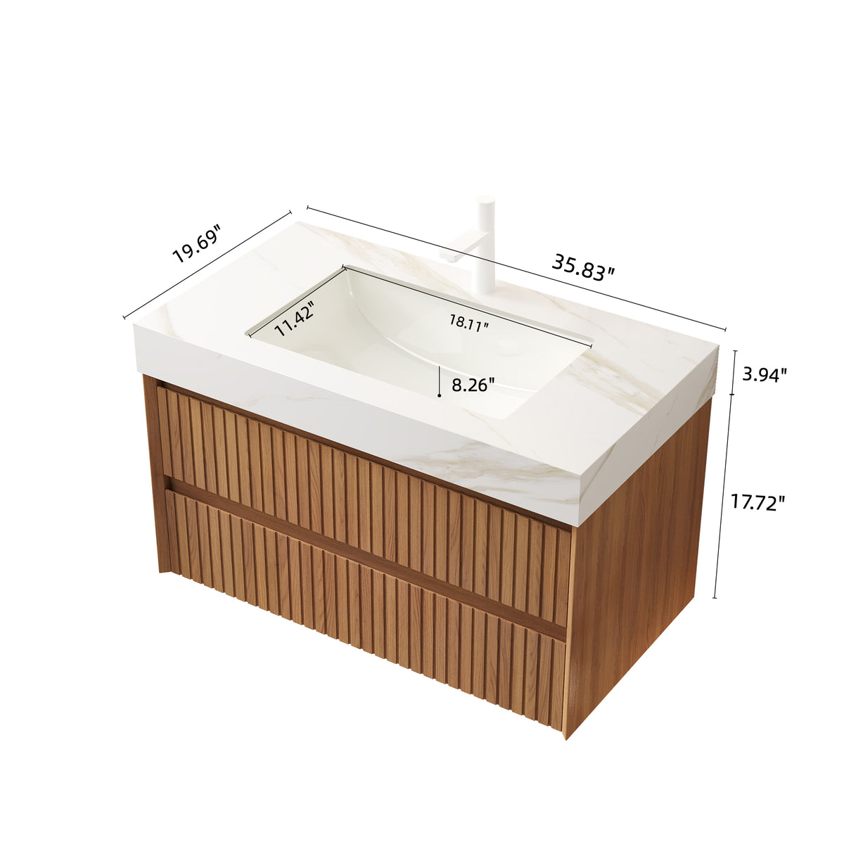 TILLEY 30" Floating Bathroom Vanity with Calacatta Gold Sintered Stone Top, Ceramic Undermount Sink, 2 Drawers, Brown Oak Woodgrain, Pre-Assembled