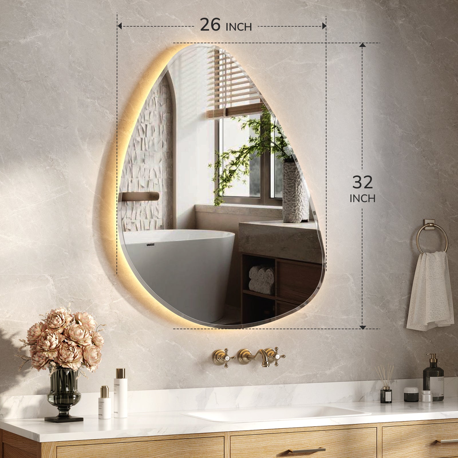 26 x 32 inch teardrop LED vanity mirror, large wall-mounted bathroom mirror