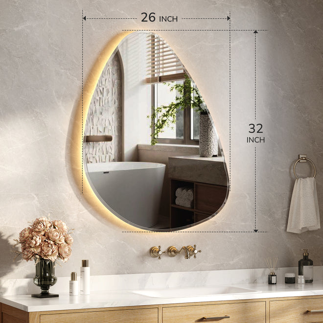 26 x 32 inch teardrop LED vanity mirror, large wall-mounted bathroom mirror